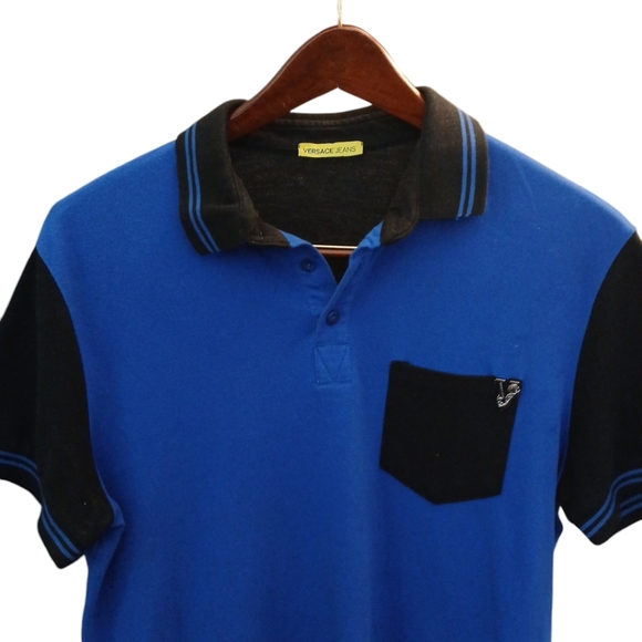 Versace Jeans Blue and Black Polo Shirt Women's Short Sleeve Shirt Size Medium - Picture 2 of 10